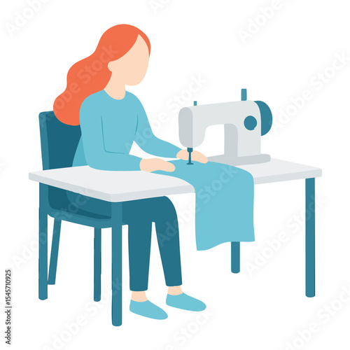 Flat Style Illustration of Woman Sewing with Machine on Desk