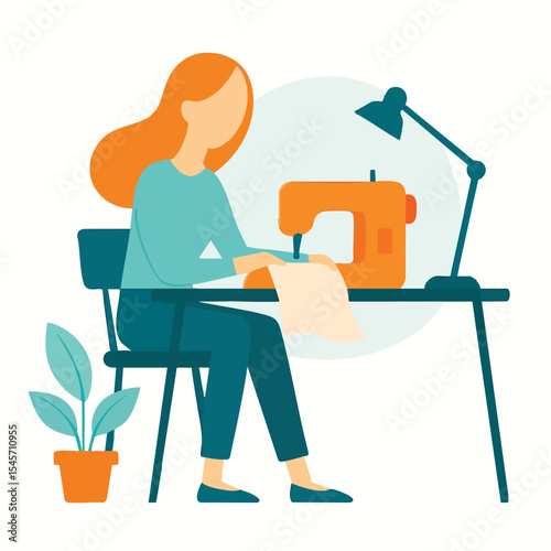 Flat Illustration Woman Sewing on Machine at Desk Workplace Activity