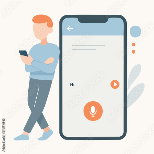 Flat Illustration Man Leaning on Smartphone with Chat Application Element