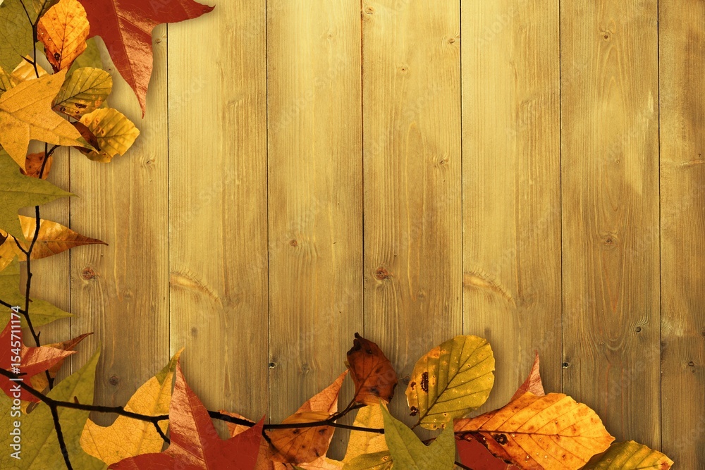 Obraz premium Slender autumn leaf branch is resting on honey-toned wooden plank flat vector design