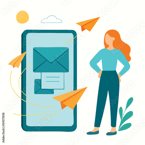 Flat Design Woman Standing Near Smartphone with Flying Paper Plane Illustration