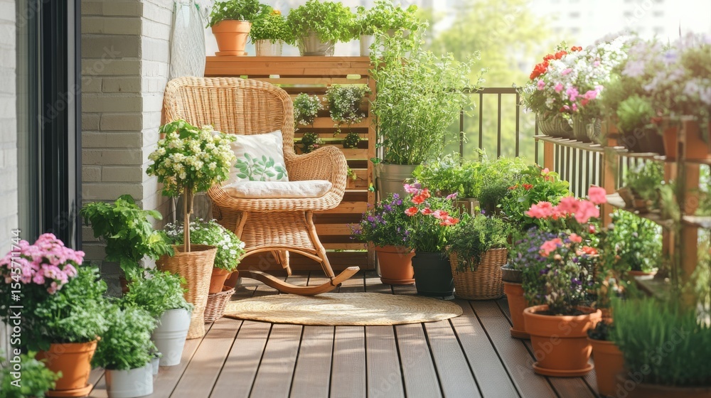 Sunny Balcony Garden with Wicker Chair, Balcony Gardening, Outdoor Decor
