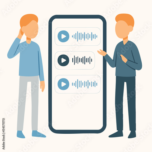 Minimalist Flat Illustration People Discussing Audio Message on a Mobile Phone