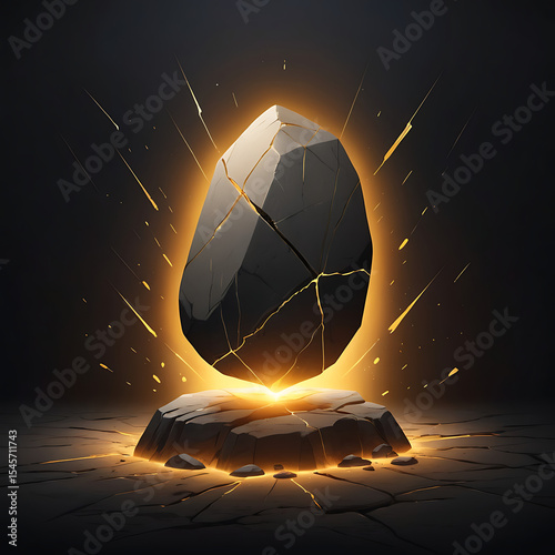 A levitating stone with cracks emitting soft golden light in a dark environment, symbolizing resilience and inner strength