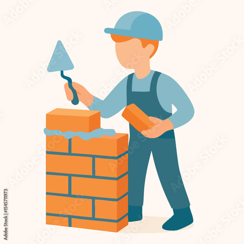 Cartoon Style Bricklaying Man With Brick Wall Construction Industry Illustration