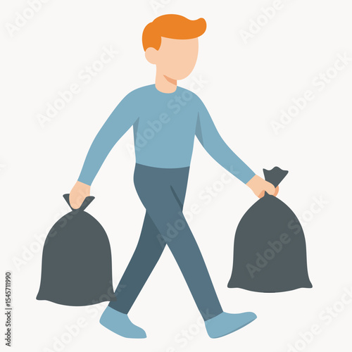 Flat Illustration Man Carrying Two Garbage Bags Environmental Concept