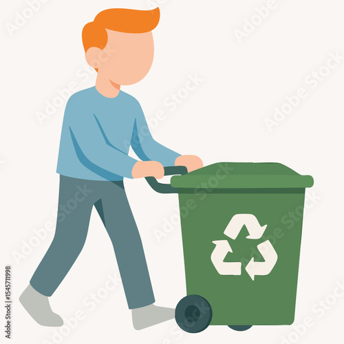 Flat Illustration Man Pushing Green Recycle Bin Wheelie Container Concept