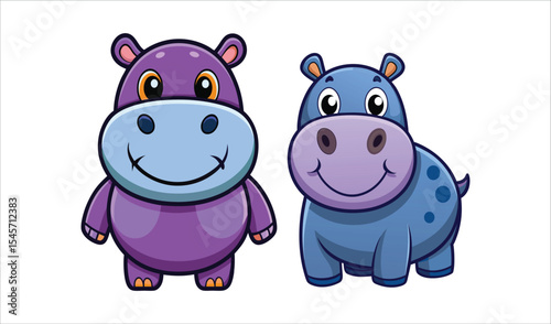 Two adorable cartoon hippos purple and blue