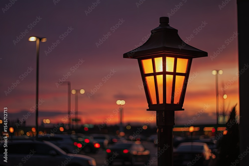 Warm-lit lamppost at twilight, cars blurred in parking lot background, sunset hues in sky Warm-lit lamppost at twilight, cars blurred in parking lot background, sunset hues in sky