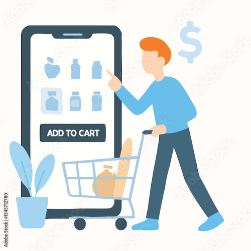 Flat Illustration of Man Pushing Shopping Cart with Mobile App Interface Concept