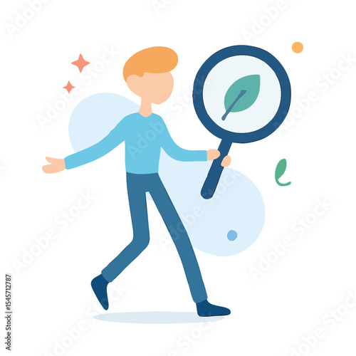 Flat Design Man Holding Magnifying Glass Looking at Leaf Illustration