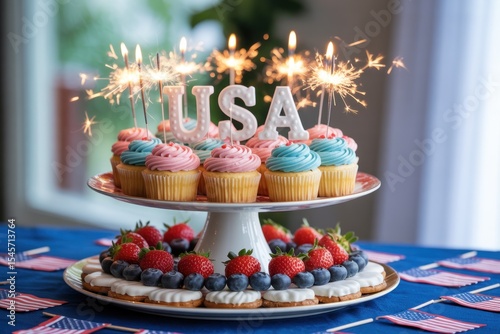 Patriotic dessert display with cupcakes sparklers and usa letters on a tiered serving dish table