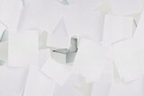 Cluster of overlapping blank sheets is revealing airplane blueprint on graph paper, flat design