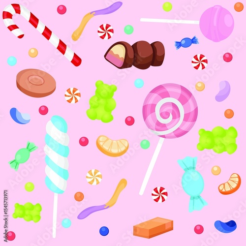 Square image of various sweets, candies, lollipops, gummies and chocolates on pink background