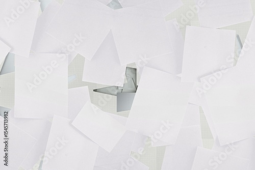 Cluster of overlapping blank sheets is revealing airplane blueprint on graph paper, flat design