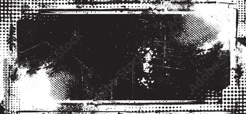 Abstract checkered flag with grunge brush strokes.
black background with halftone dot pattern elements