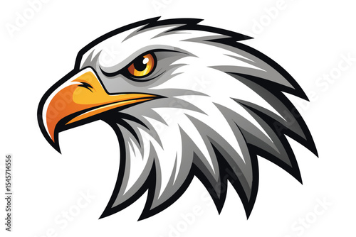 Fierce eagle head shows vibrant golden eyes and beak, depicted against white background