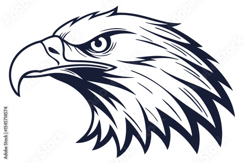 Detailed monochrome eagle head faces left displaying sharp eye and bold beak outline