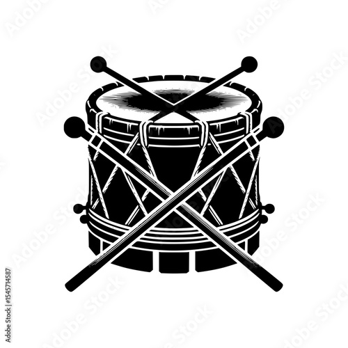 Black and white illustration of a drum with sticks