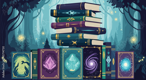 Fantasy Magic Books in Enchanted Forest – Vector Illustration of Mystical Library