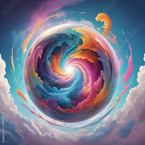 Swirling vortex of colors inside a transparent sphere floating in the sky, symbolizing overthinking and mental overload