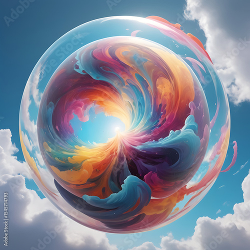 Swirling vortex of colors inside a transparent sphere floating in the sky, symbolizing overthinking and mental overload