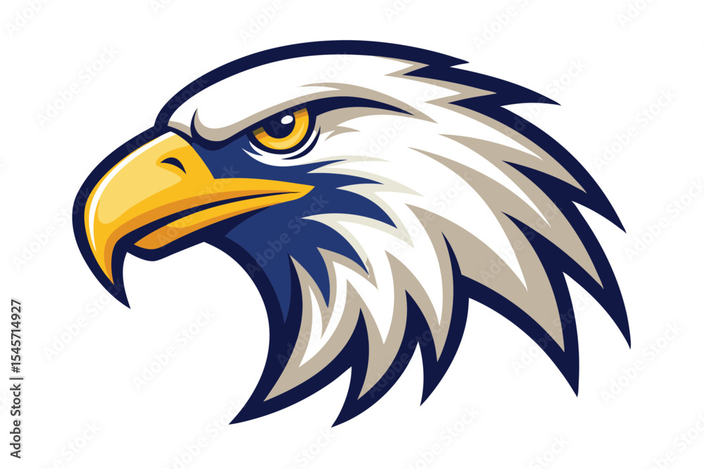 Obraz premium The majestic eagle head with bright yellow eye gazes intensely forward on a white background