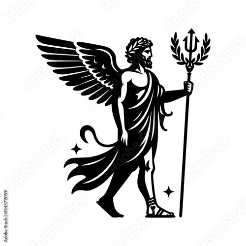 Winged greek god with trident and laurel wreath