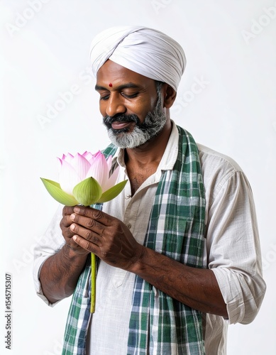Indian farmer holding lotus flower rural agriculture turban beard portrait