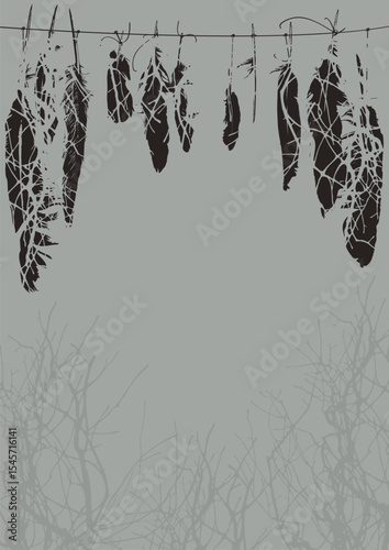 Hand drawn banner on the theme of magic and witchcraft with bird feathers and dreamcatcher in folk style. Yoga studio, meditation, retreat, t-shirt design. No ai used.