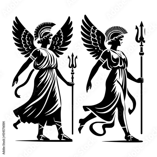Two winged greek goddesses with tridents