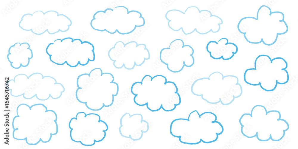 Hand drawn sky background with crayon texture clouds and pastel stars. Cute pencil style illustration in blue with brush paint elements. Child doodle sky shapes for cartoon or educational design.