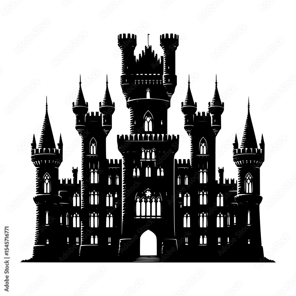 Obraz premium Black and white silhouette of a majestic castle
