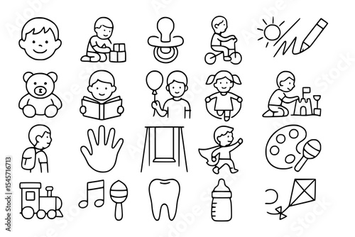 Playful Kids and Childhood Line Icons Set