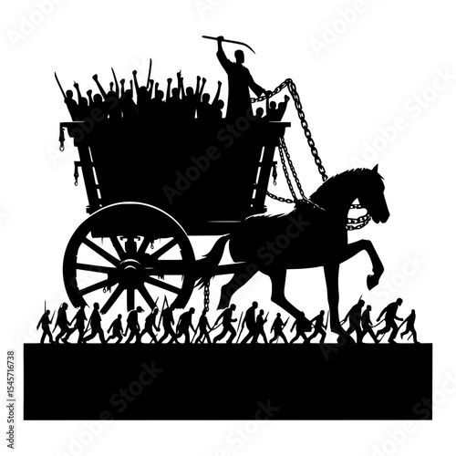 Silhouette of a horse drawn wagon carrying a crowd