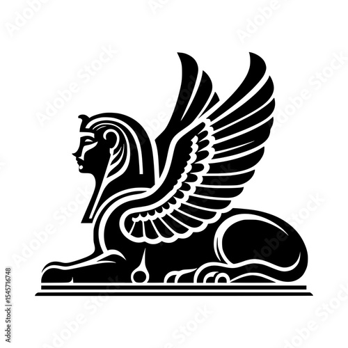 Elegant black and white sphinx with wings illustration