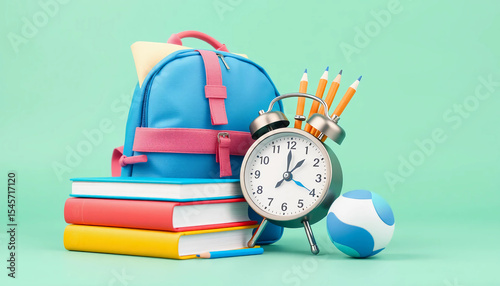 3D school backpack with books, pencils, alarm clock, and toy ball representing education, learning, and school time.