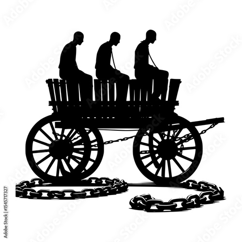 Silhouette of enslaved people in a wagon with chains