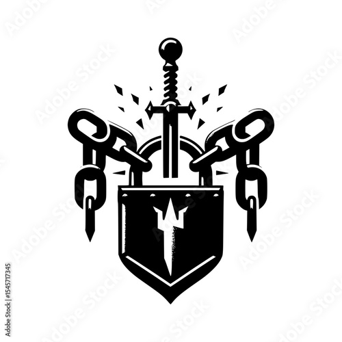 Sword breaking chains on padlock shield emblem