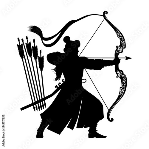 Silhouette of archer with ornate bow and arrows