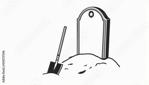 Minimalist grave illustration with shovel and tombstone symbolizing death, reflection, and end of life.