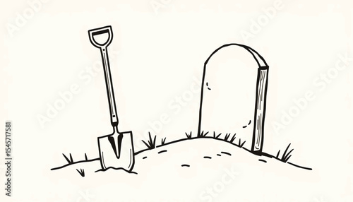 Minimalist grave illustration with shovel and tombstone symbolizing death, reflection, and end of life.