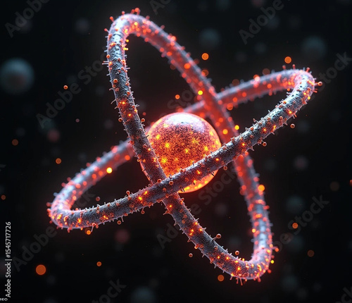 Atom Molecular Structure: A captivating digital illustration depicts the intricate architecture of an atom, featuring orbiting electrons and a central nucleus glowing with radiant energy.