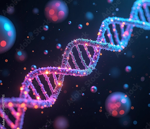DNA Structure in Bio-Tech: An abstract rendering of the DNA structure in a tech-inspired presentation, representing scientific concepts, with a vivid and futuristic aesthetic.