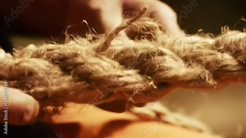 Hands work rough, fibrous rope