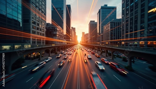 Busy urban highway at sunset, with cars moving in a fast-paced flow.