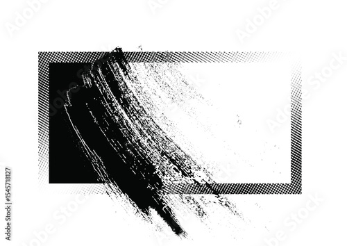 Grunge halftone master brush stroke frame – abstract black and white dotted vector illustration.