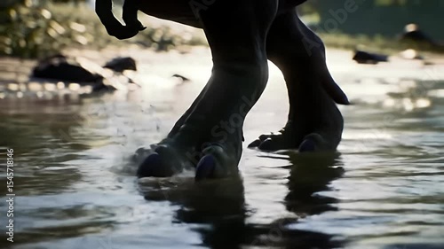dinosaurus feet are shown walking through shallow water, possibly animalistic or fantastical