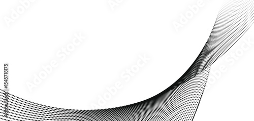 A dynamic particle waves within a halftone gradient create a fluid dot curve on a transparent background for technology, sound, music. dots and lines halftone illustration.