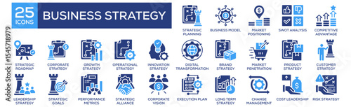 Business Strategy icon collection set. Containing design Strategic Planning, Business Model, Market Positioning, Competitive Advantage, Strategic Roadmap. Solid icon collection.
